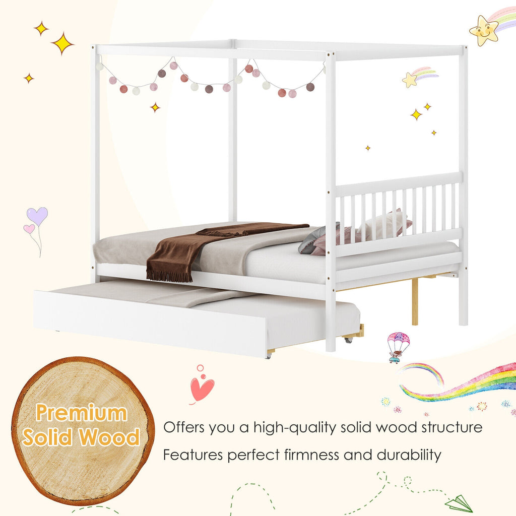 Full Size Canopy Bed Frame with Trundle & Headboard - White