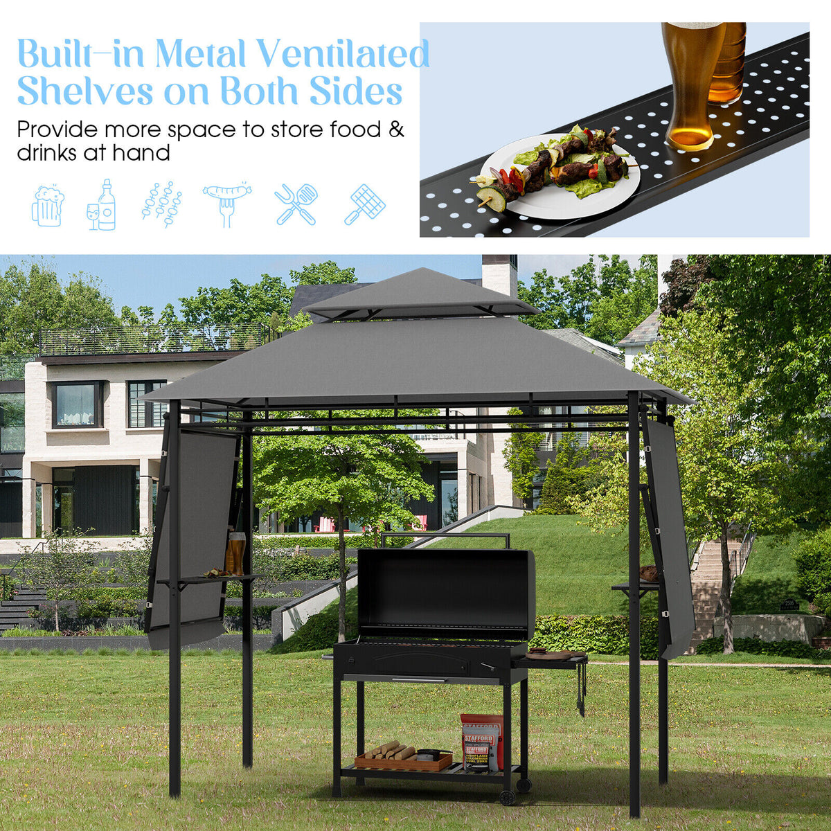 Patio BBQ Grill Gazebo Canopy with Dual Side Awnings, 13.5 x 4 Feet Gray