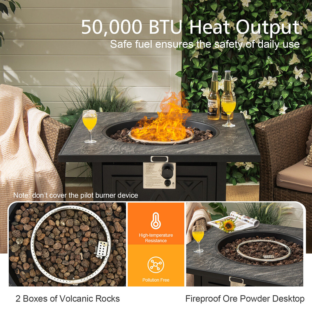 32 Inch Propane Fire Pit Table Square - Black