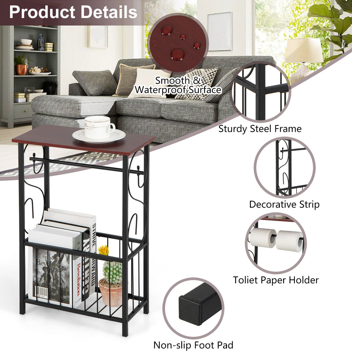 Narrow Side Table with Removable Paper Holder - Brown