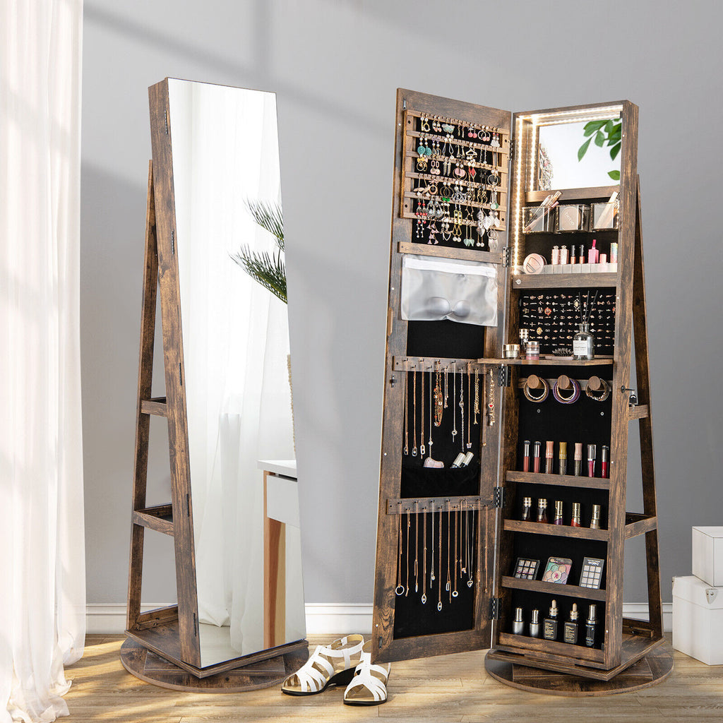 360° Rotating Jewelry Cabinet with Mirror & LED Light - Brown, 5 Shelves