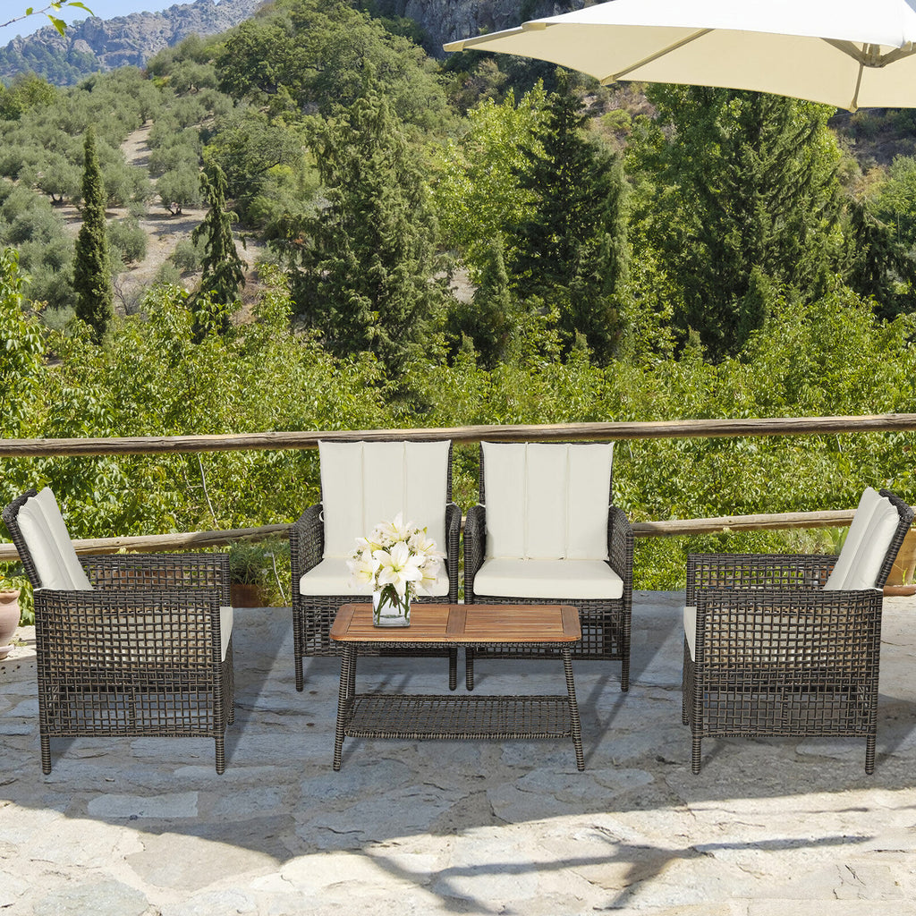 5 Pieces Patio Rattan Furniture Set Cushioned Sofa Armrest Wooden