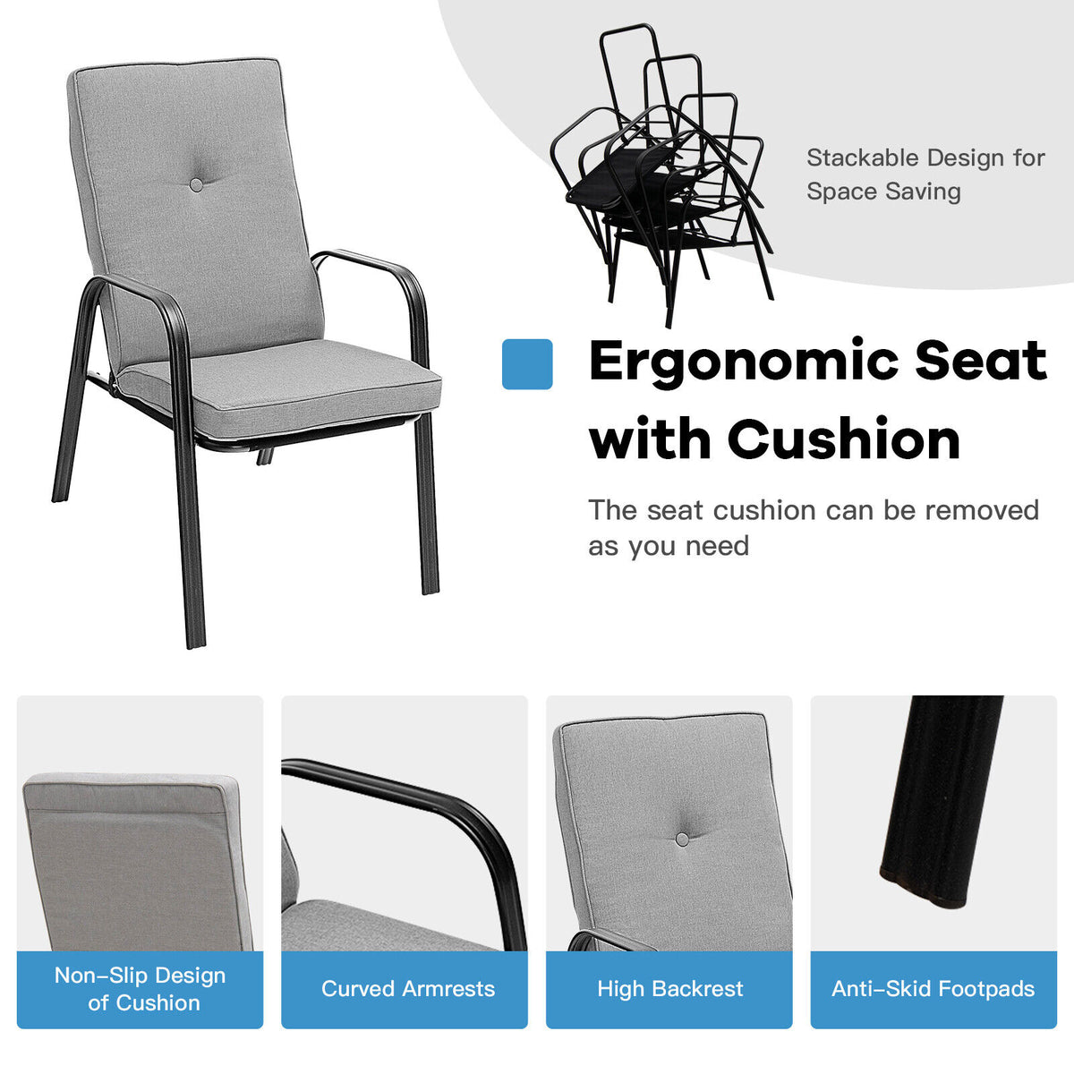 4 Patio Dining Stackable Chairs with High-Back Cushions