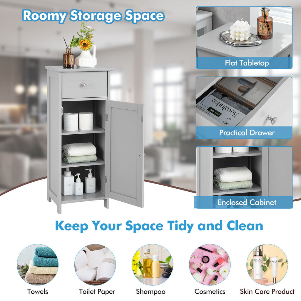 Wooden Bathroom Floor Storage Cabinet with Drawer and Adjustable Shelf