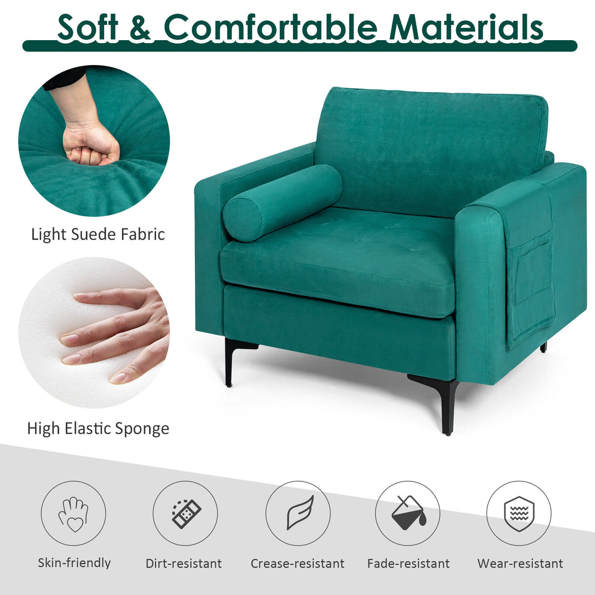 Modern Accent Chair with Storage Pocket, Teal
