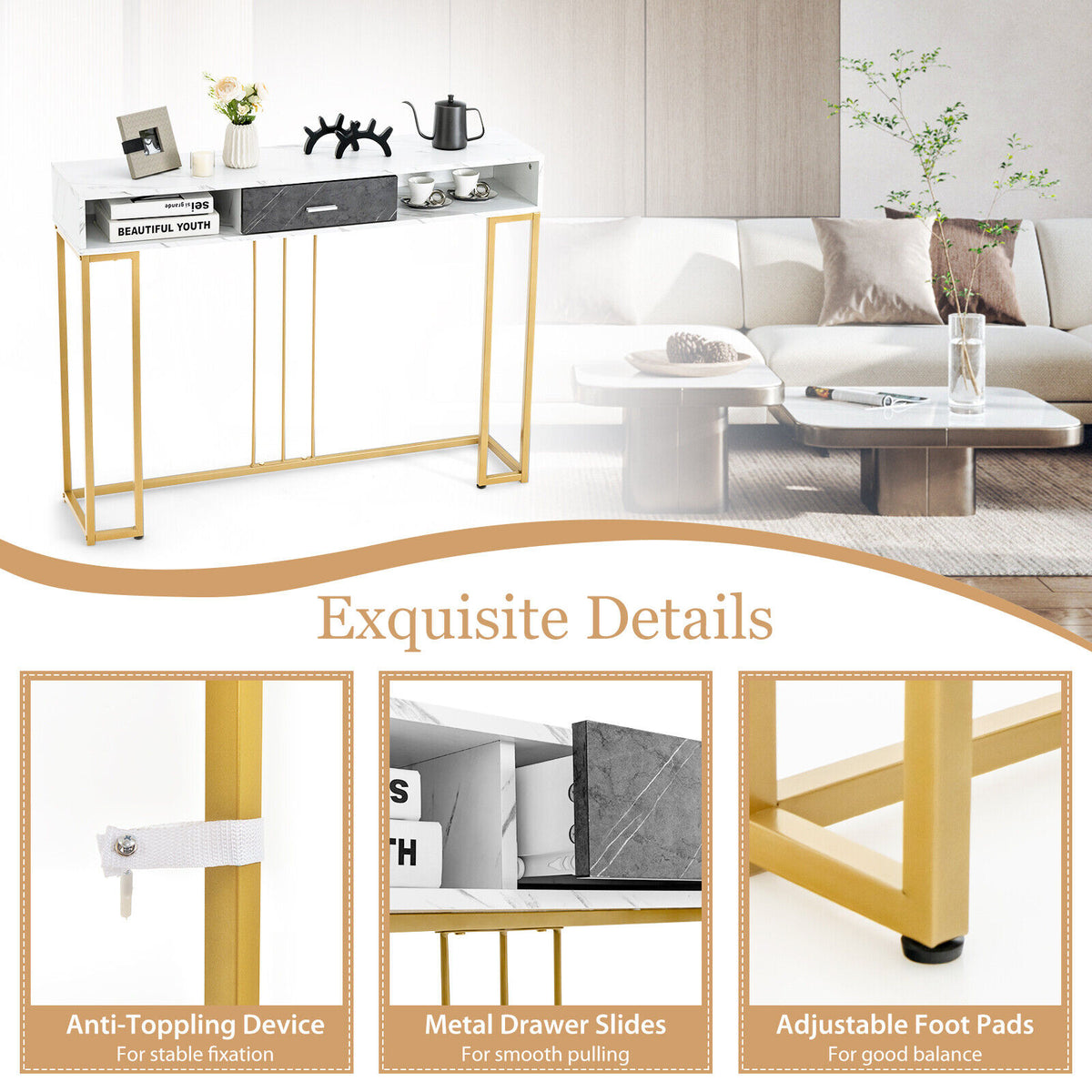 48 Inch 2-Tier Console Table with Drawer, White