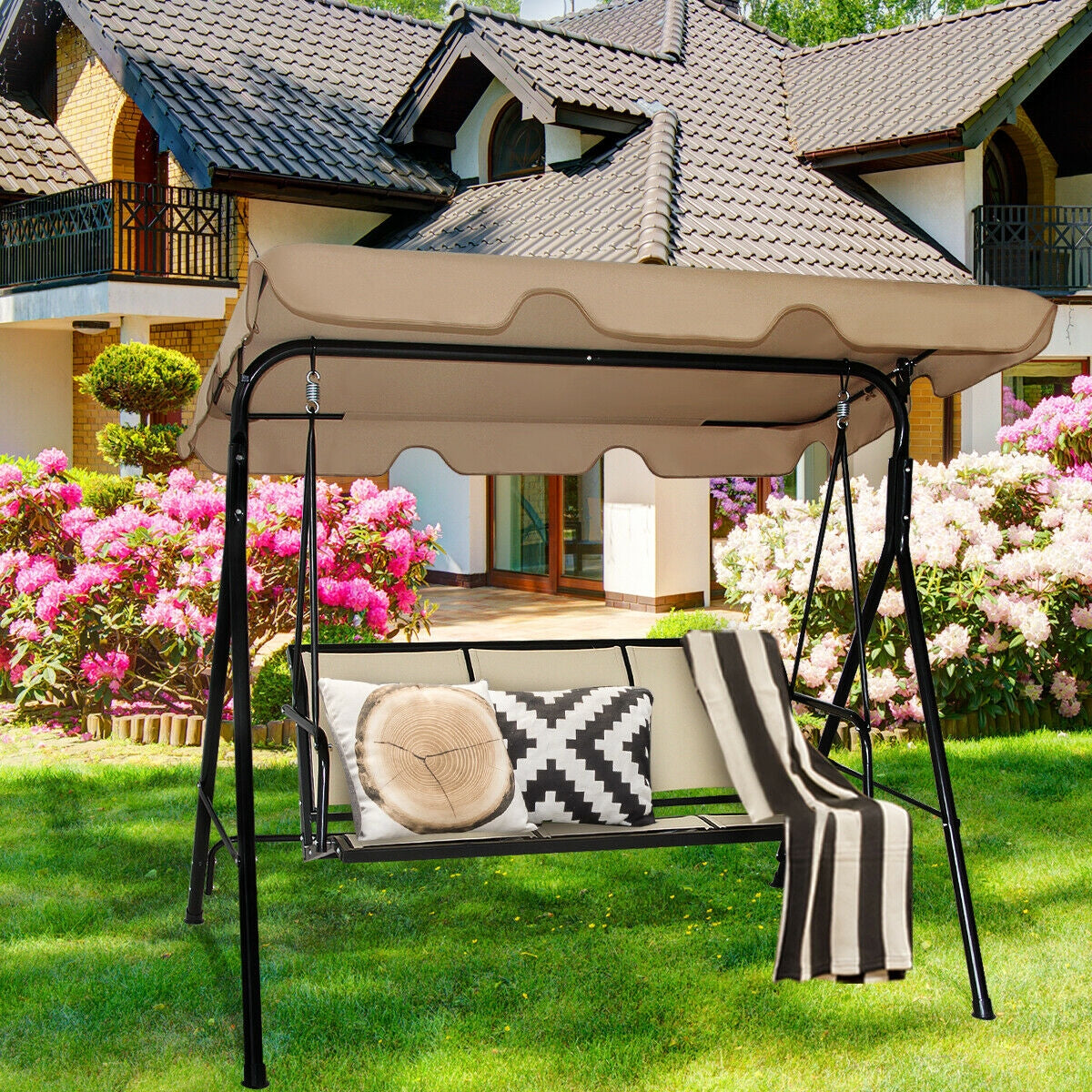 3-Person Patio Swing with Canopy – 50" x 16", Brown