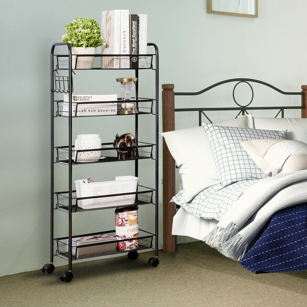 5 Tier Mesh Rolling Cart Storage Basket - Black
