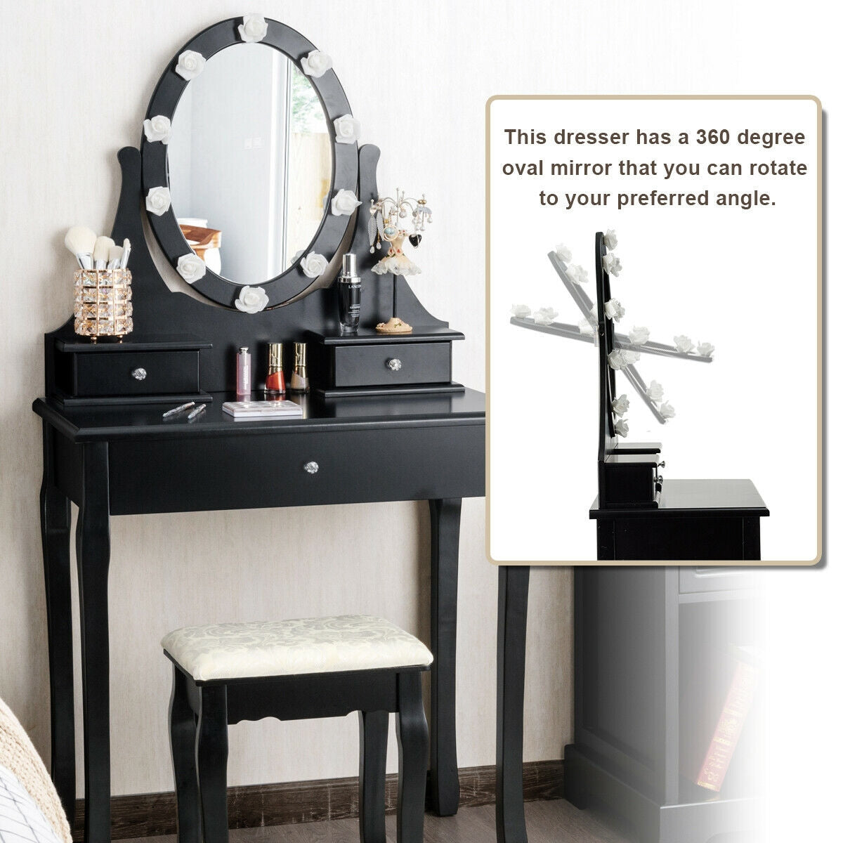 Lighted Dressing Table with 3 Drawers & Stool - Black, Style 2