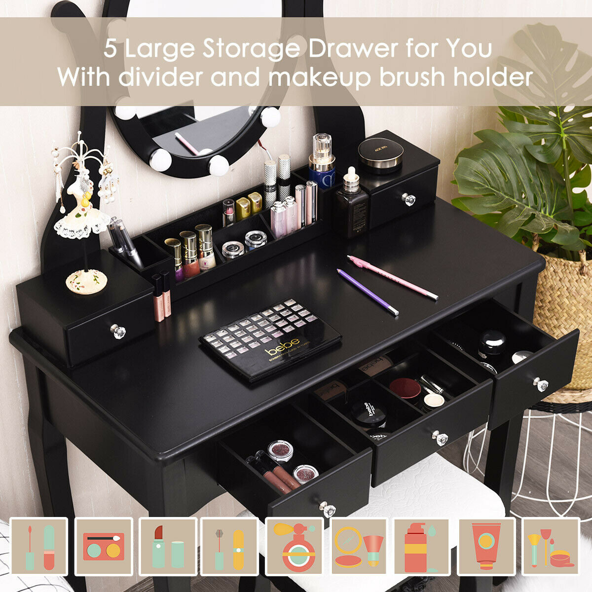 Dimmable Vanity Table with Lighted Mirror and Cushioned Stool, Black