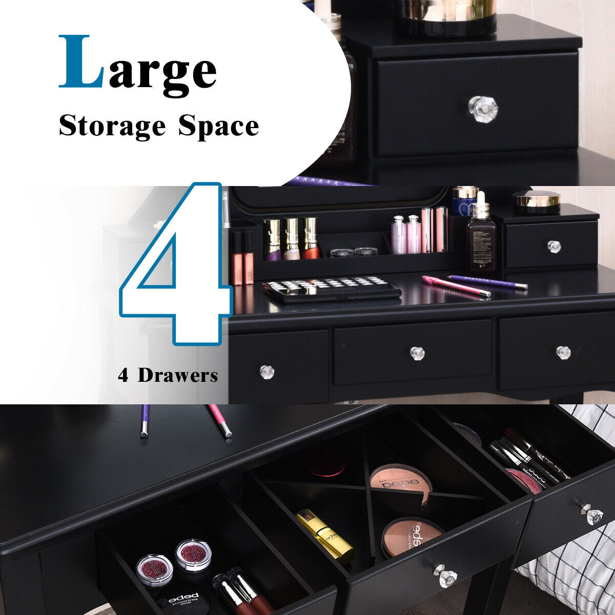 Dressing Table with Lighted Mirror and Stool - Square, Black