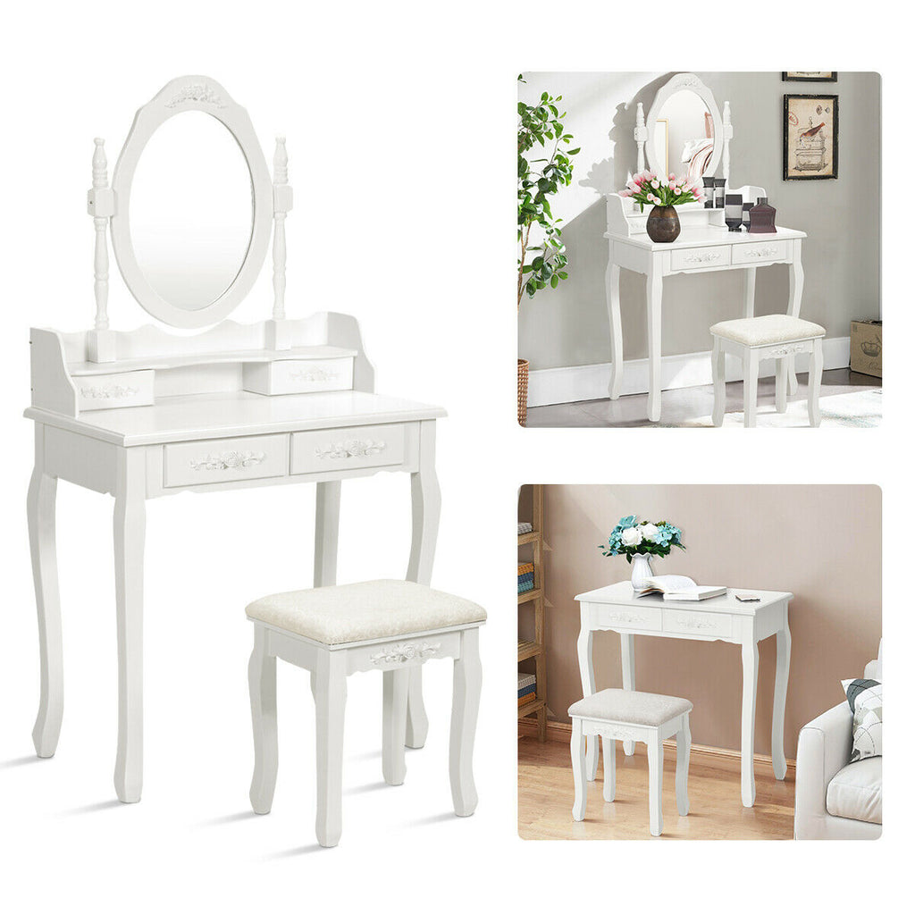 Wood Vanity Table Set with Mirror & Stool - White, 2 Drawers