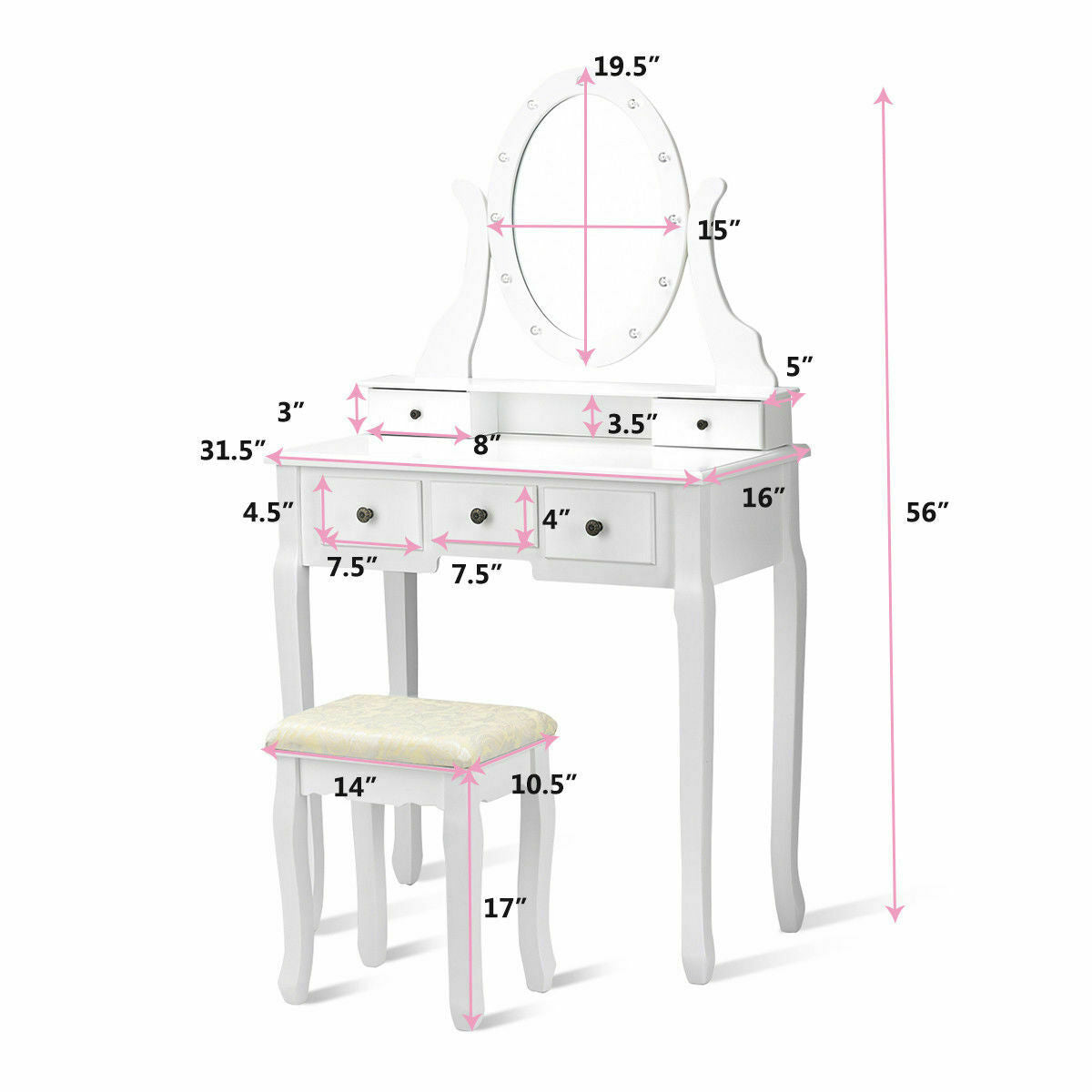 5-Drawer Vanity Table Set with Stool & 12-LED Bulbs, White