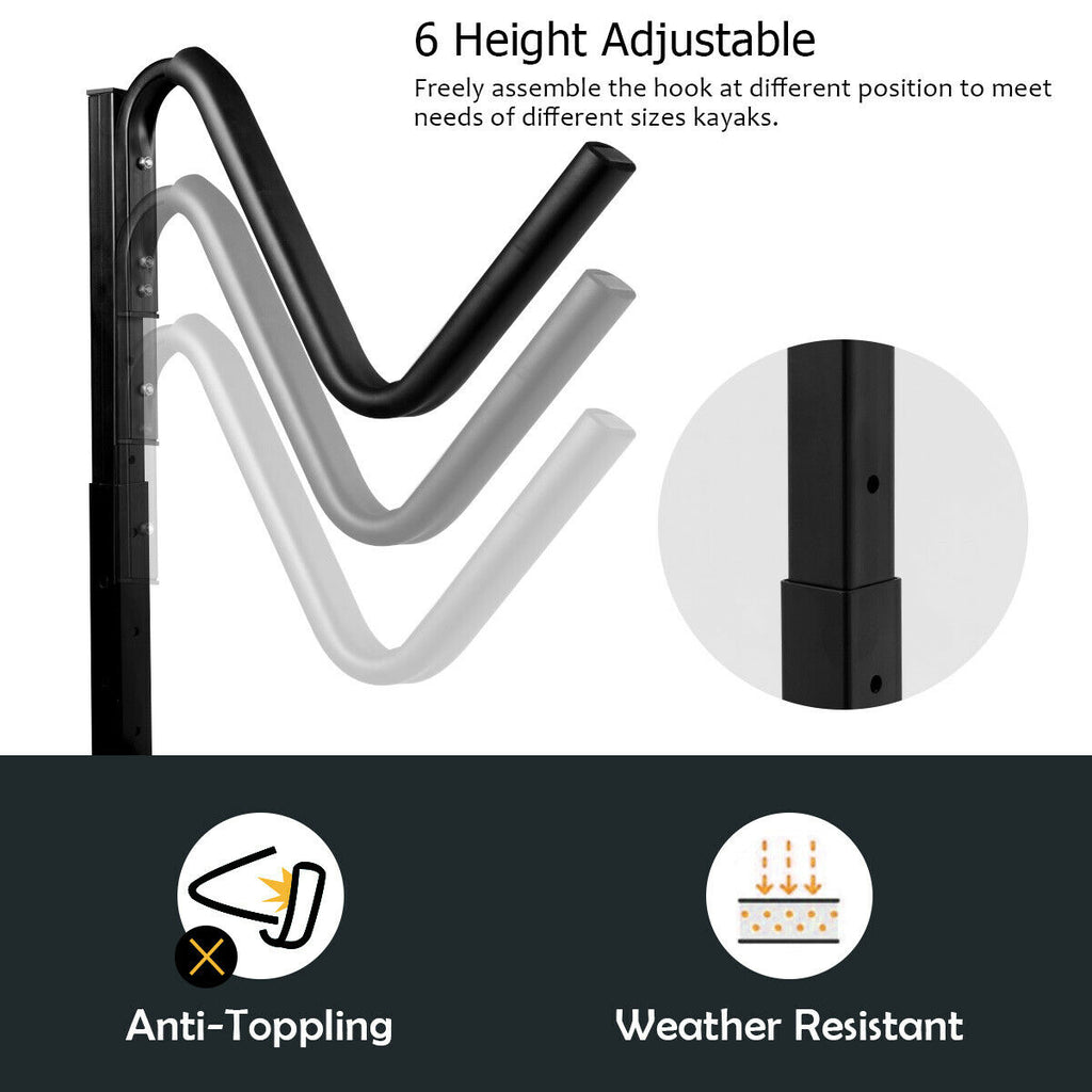 Dual Kayak Storage Rack - Height Adjustable Freestanding Boat Rack with Hooks