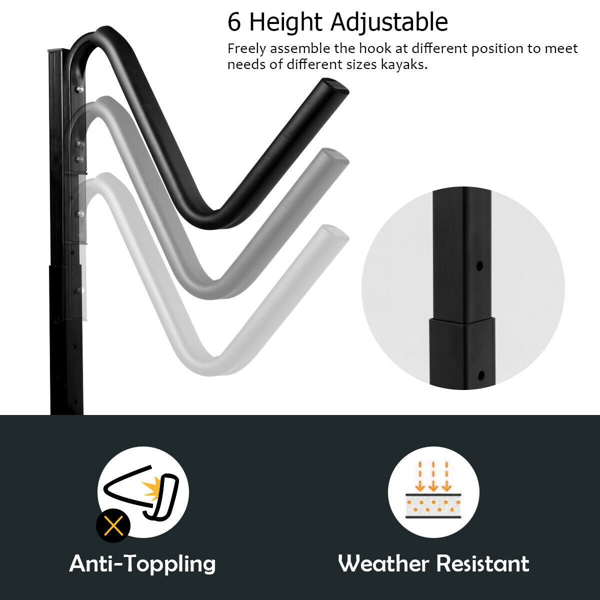 Dual Kayak Storage Rack - Height Adjustable Freestanding Boat Rack with Hooks