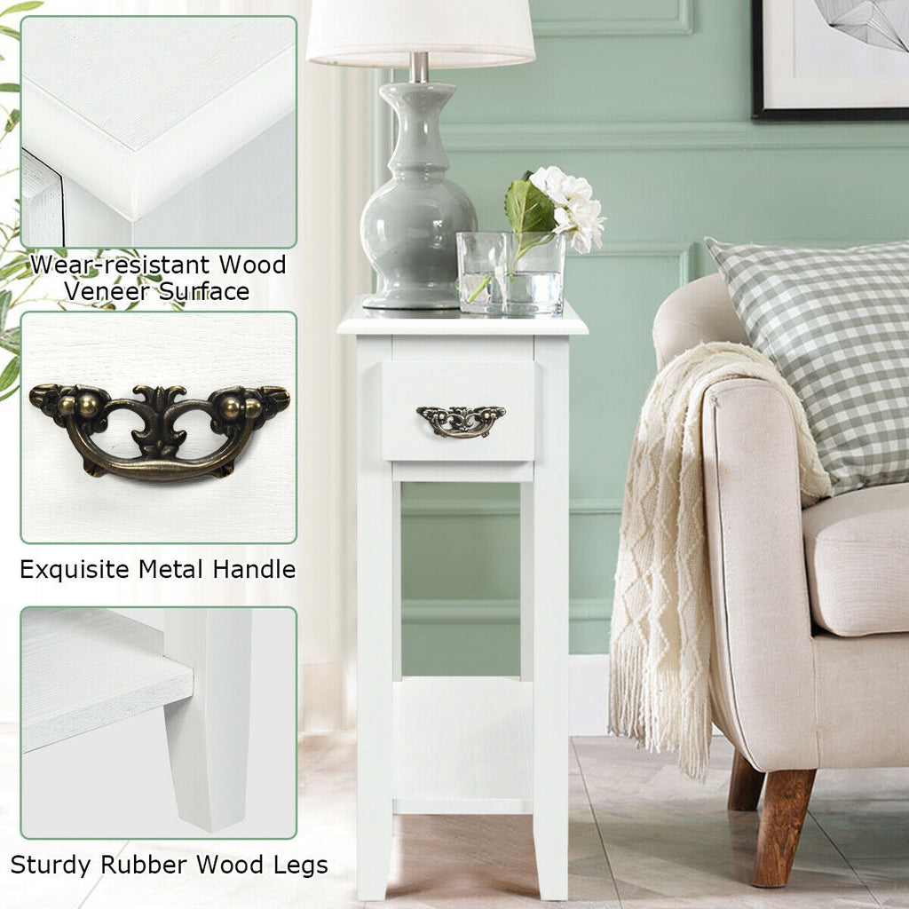 2-Tier Sofa Side Table with Drawer and Open Shelf, Set of 2, White
