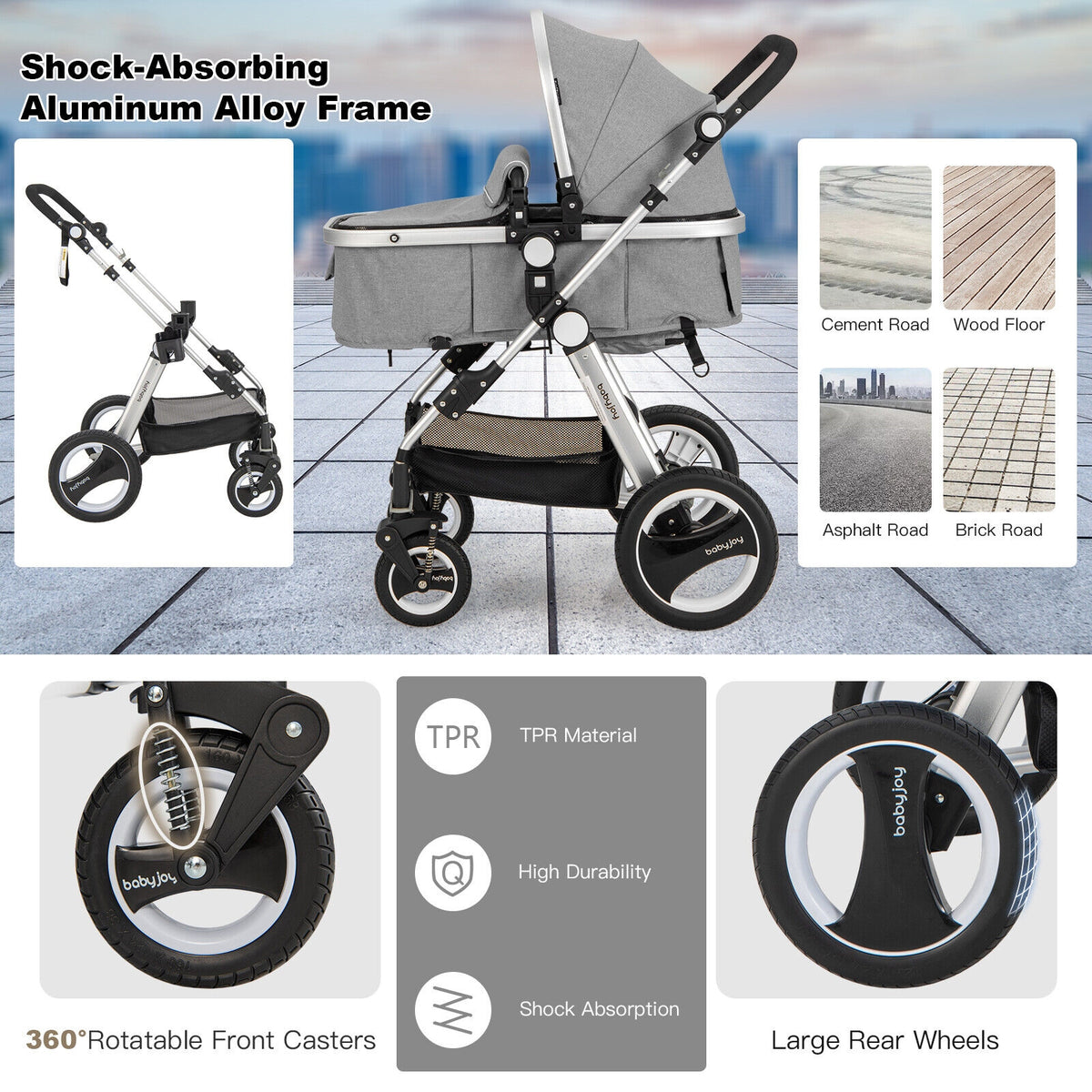 Foldable Aluminum Baby Stroller with Diaper Bag and Cup Holder - Gray