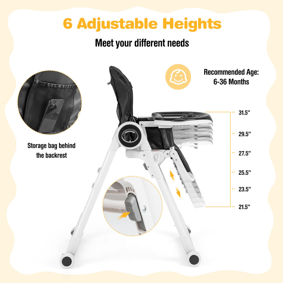 Baby High Chair Foldable Feeding Chair with Lockable Wheels - Black