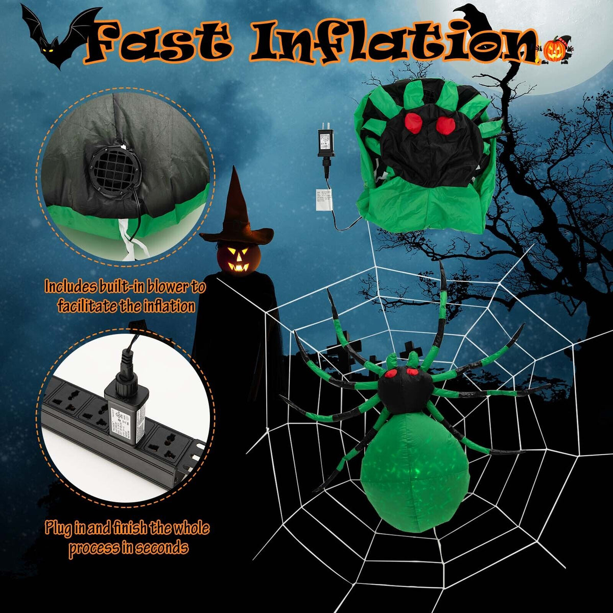 Inflatable Halloween Spider with Cobweb and LED Lights - 3.5 Feet Long Yard Decor