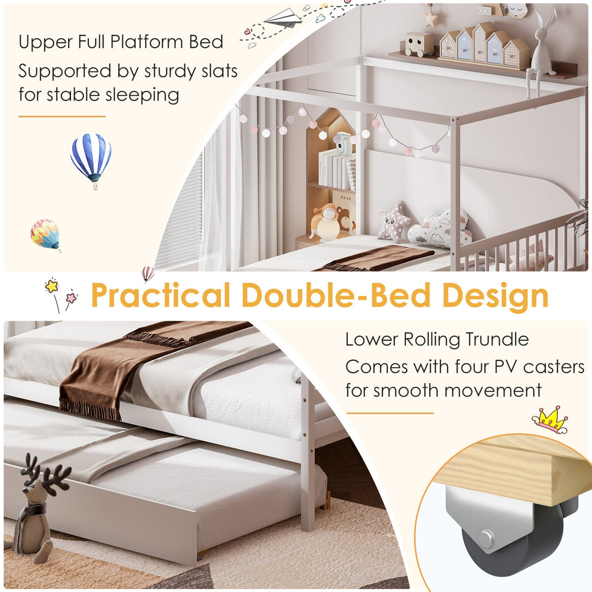 Full Size Canopy Bed Frame with Trundle & Headboard - White