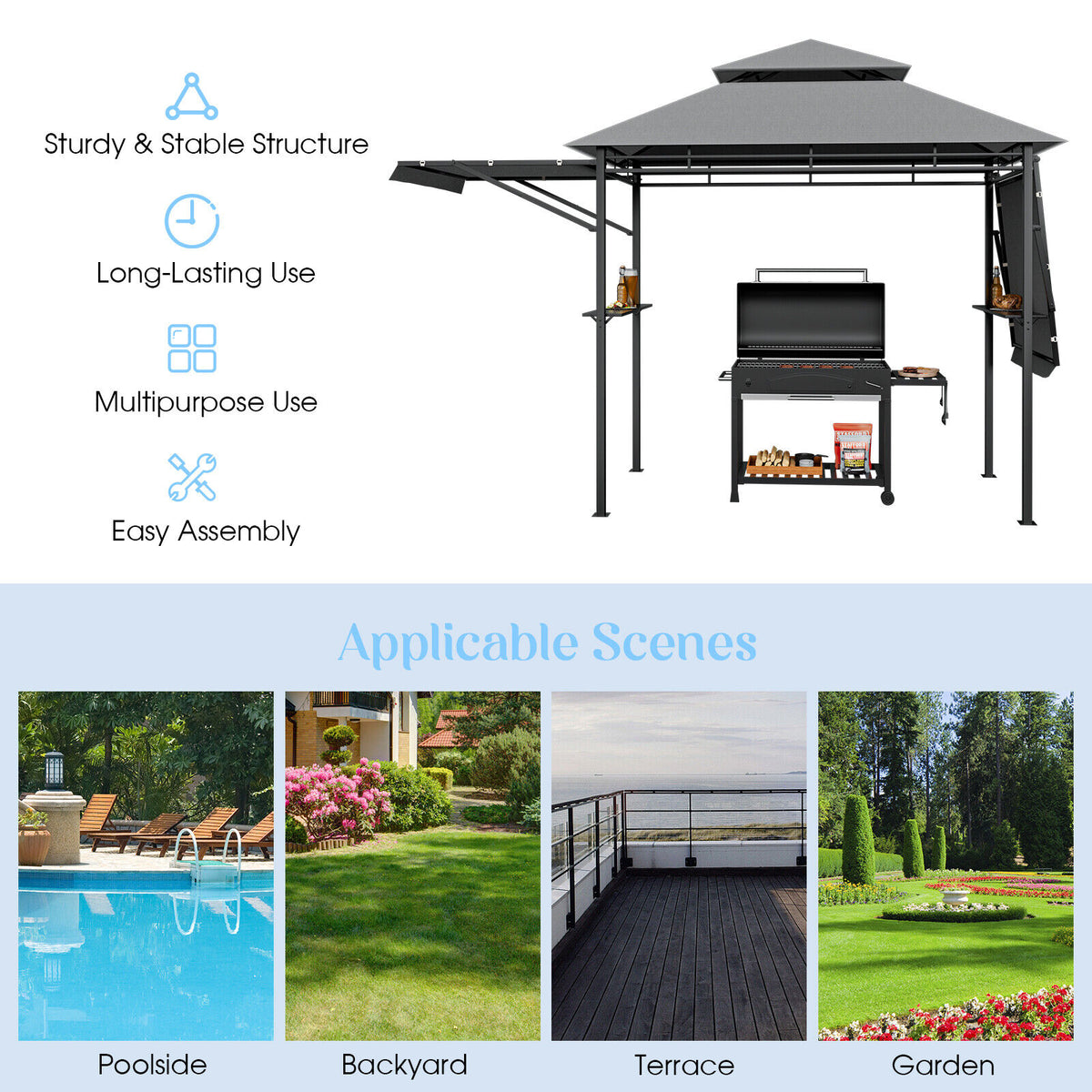 Patio BBQ Grill Gazebo Canopy with Dual Side Awnings, 13.5 x 4 Feet Gray