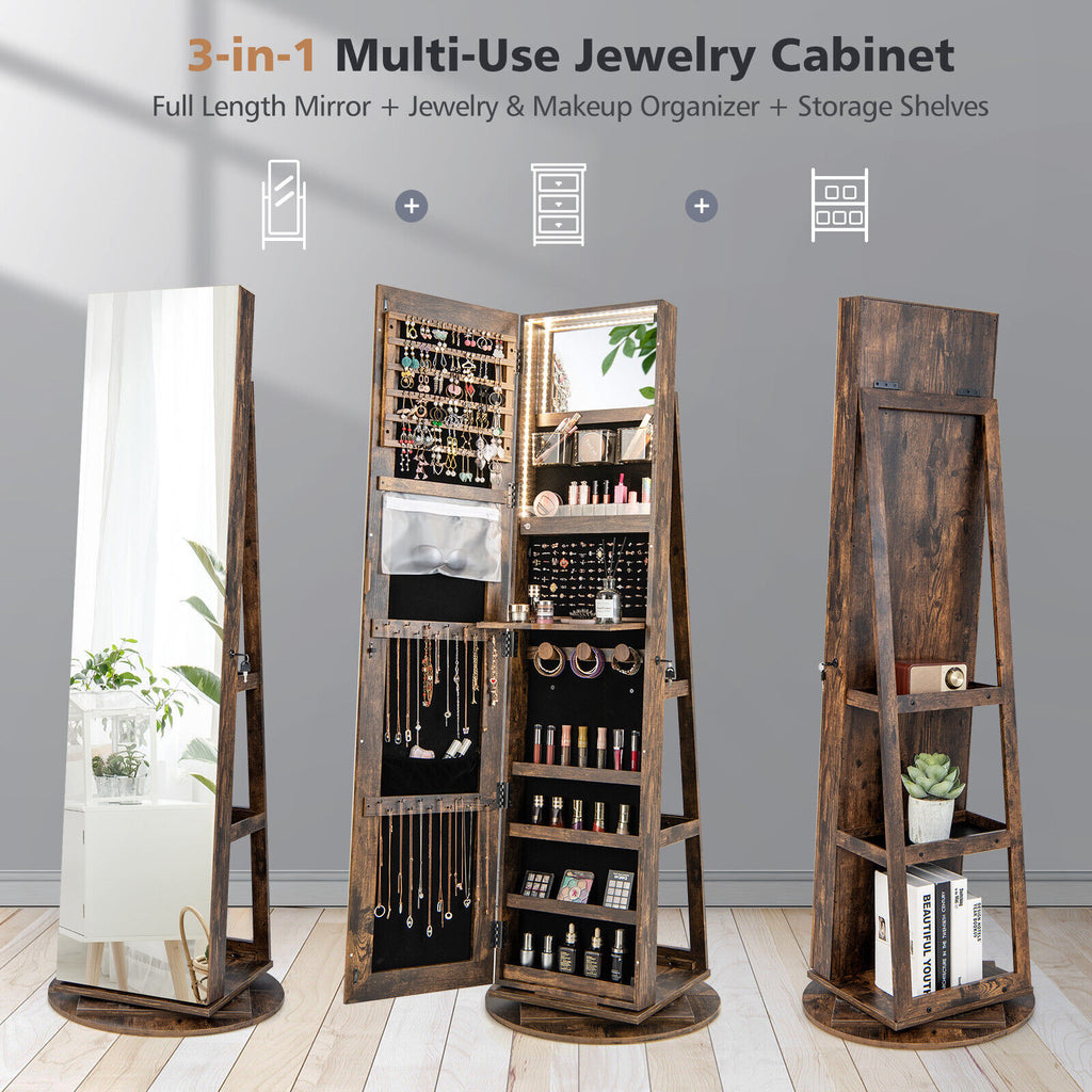 360° Rotating Jewelry Cabinet with Mirror & LED Light - Brown, 5 Shelves