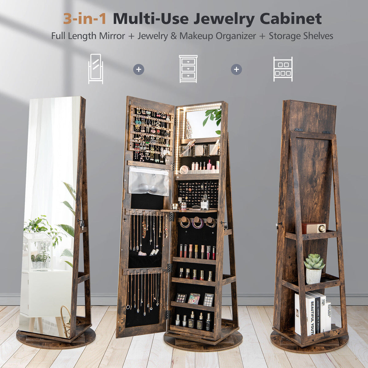 360° Rotating Jewelry Cabinet with Mirror & LED Light - Brown, 5 Shelves