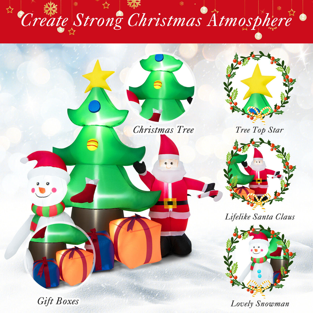 Inflatable Christmas Tree with Santa Claus and Lights - 7.2 Feet, Holiday Yard Decor - Style Variation