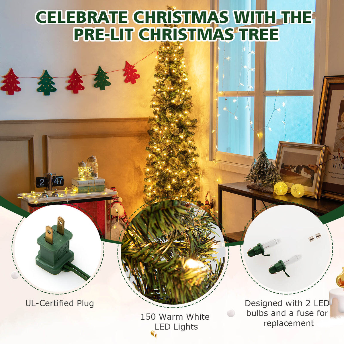 7ft Pre-Lit Half Christmas Tree with Pine Needles & 150 Warm White Lights