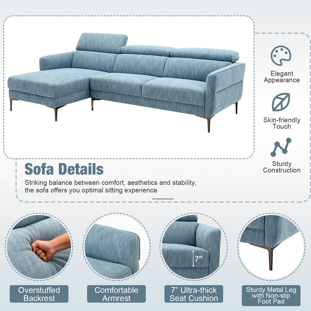 105 Inch L-Shaped Sofa Couch with Adjustable Headrests, Blue