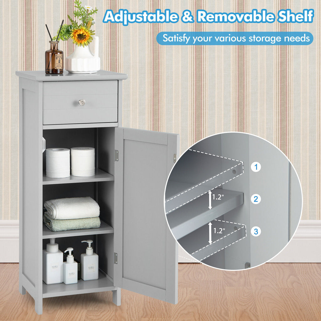 Wooden Bathroom Floor Storage Cabinet with Drawer and Adjustable Shelf