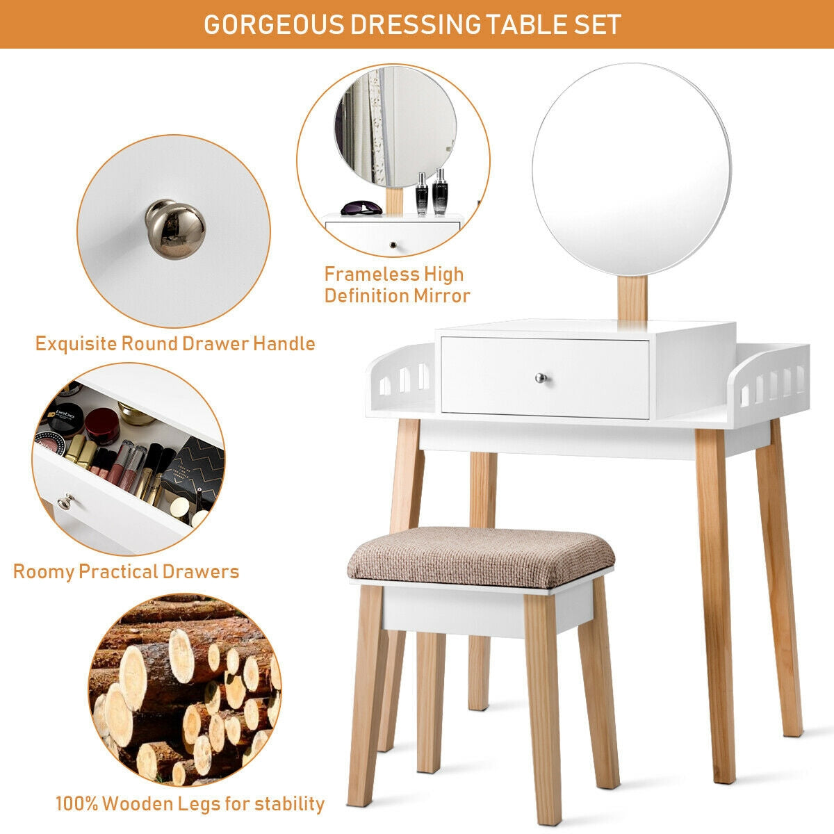 Wooden Makeup Dressing Table with Mirror & Drawer