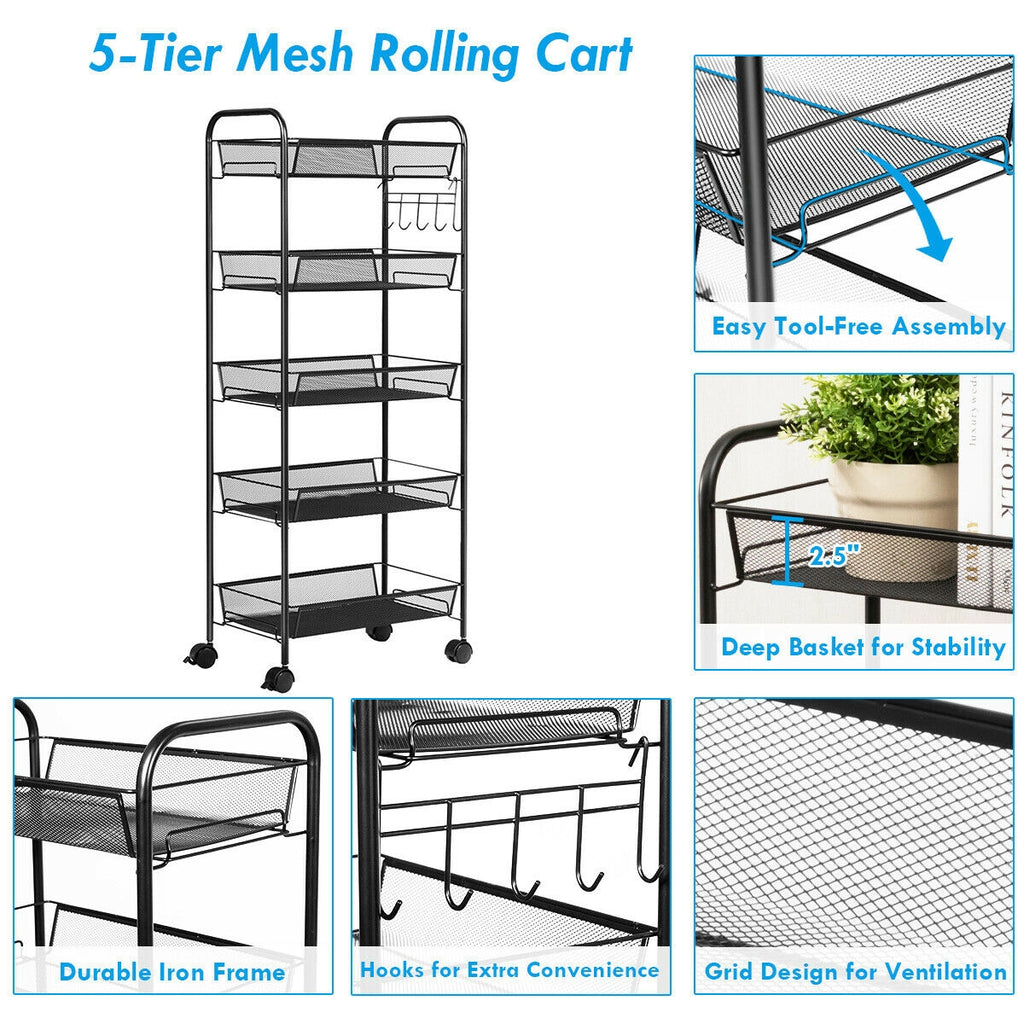 5 Tier Mesh Rolling Cart Storage Basket - Black