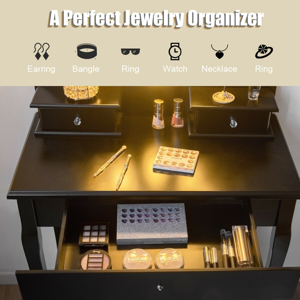 Lighted Dressing Table with 3 Drawers & Stool - Black, Style 2