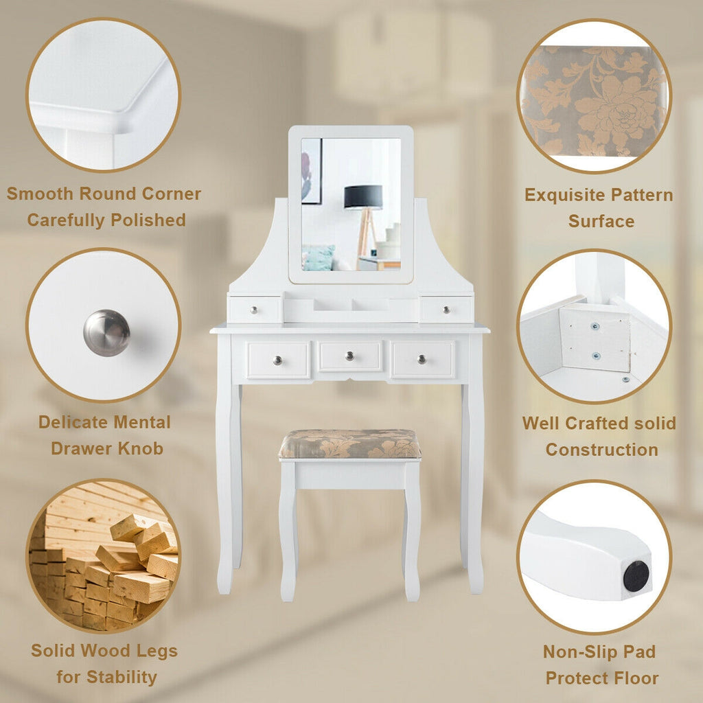 Makeup Vanity Set with Mirror and Cushioned Stool, White