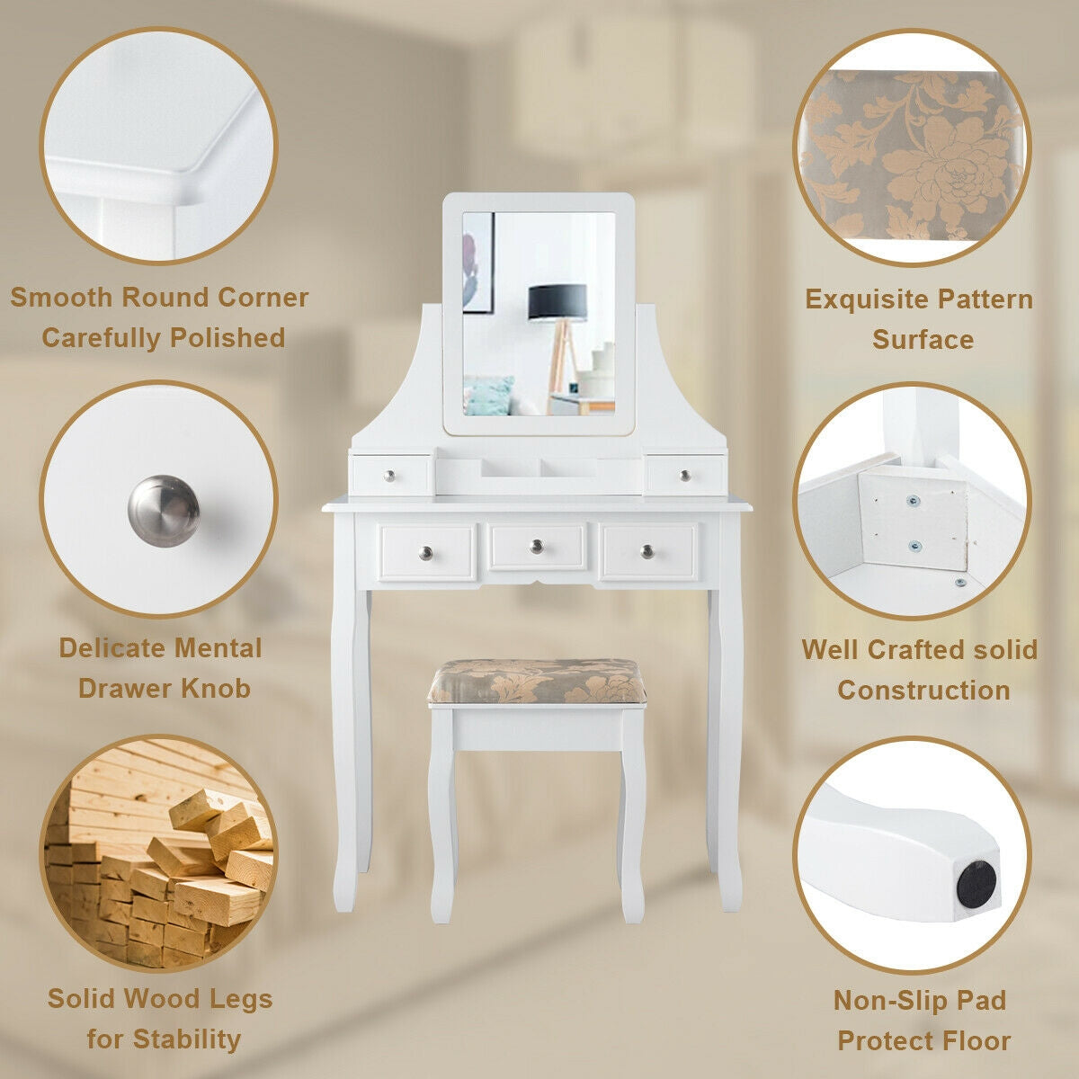 Makeup Vanity Set with Mirror and Cushioned Stool, White