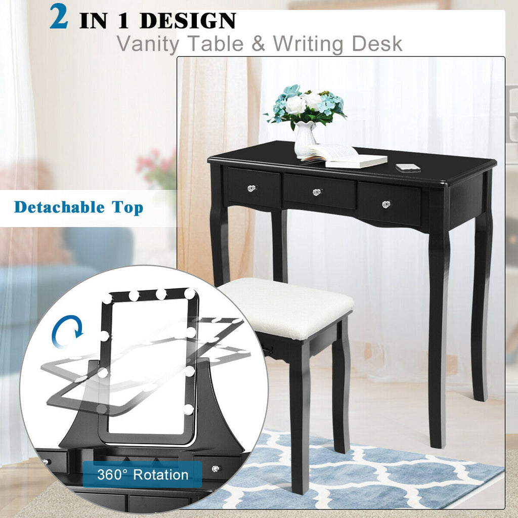 Dressing Table with Lighted Mirror and Stool - Square, Black