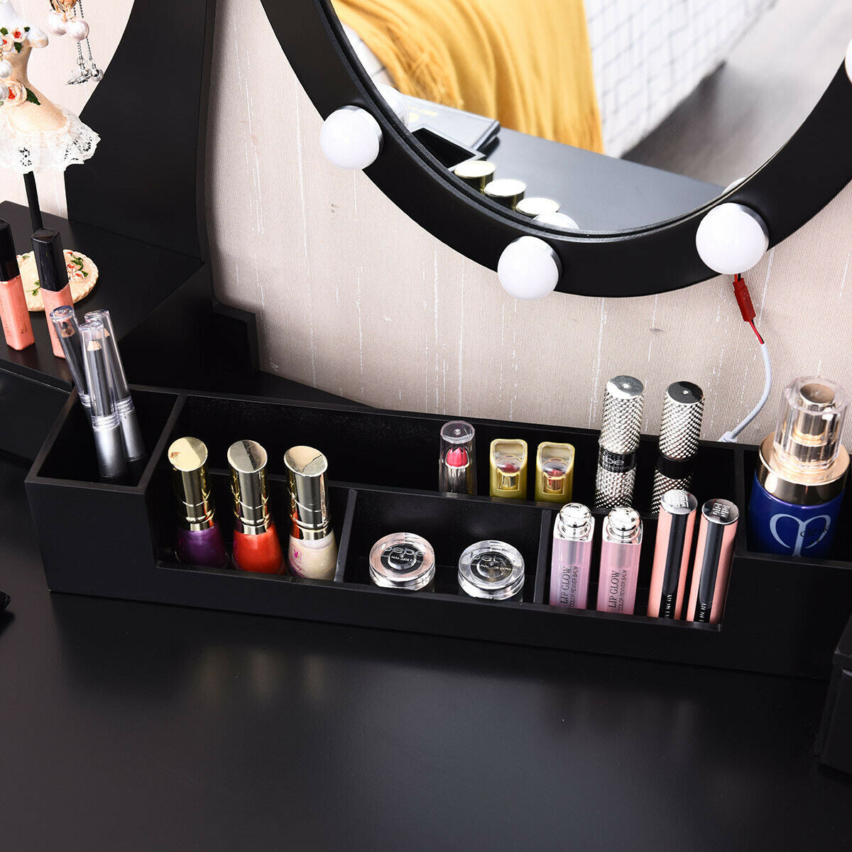 Dimmable Vanity Table with Lighted Mirror and Cushioned Stool, Black