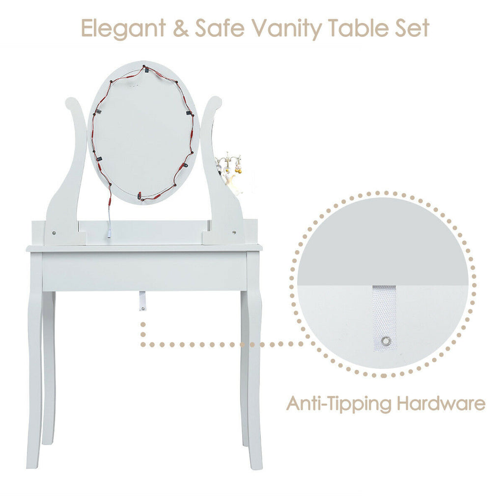 Dimmable Vanity Table Set with Lighted Mirror and Cushioned Stool, White