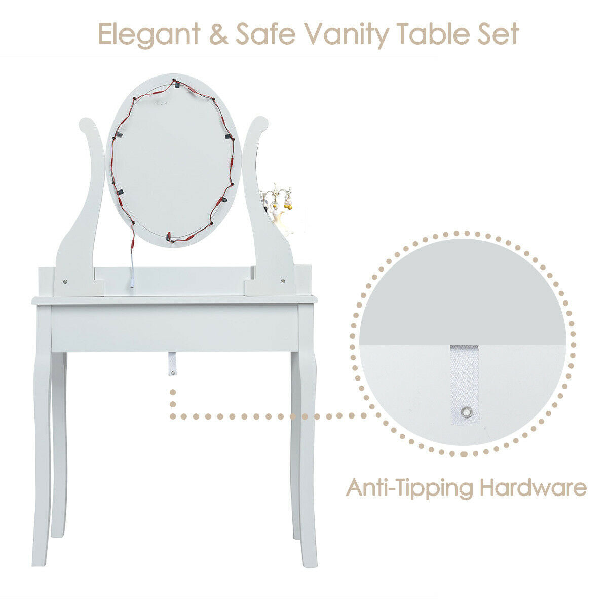 Dimmable Vanity Table Set with Lighted Mirror and Cushioned Stool, White