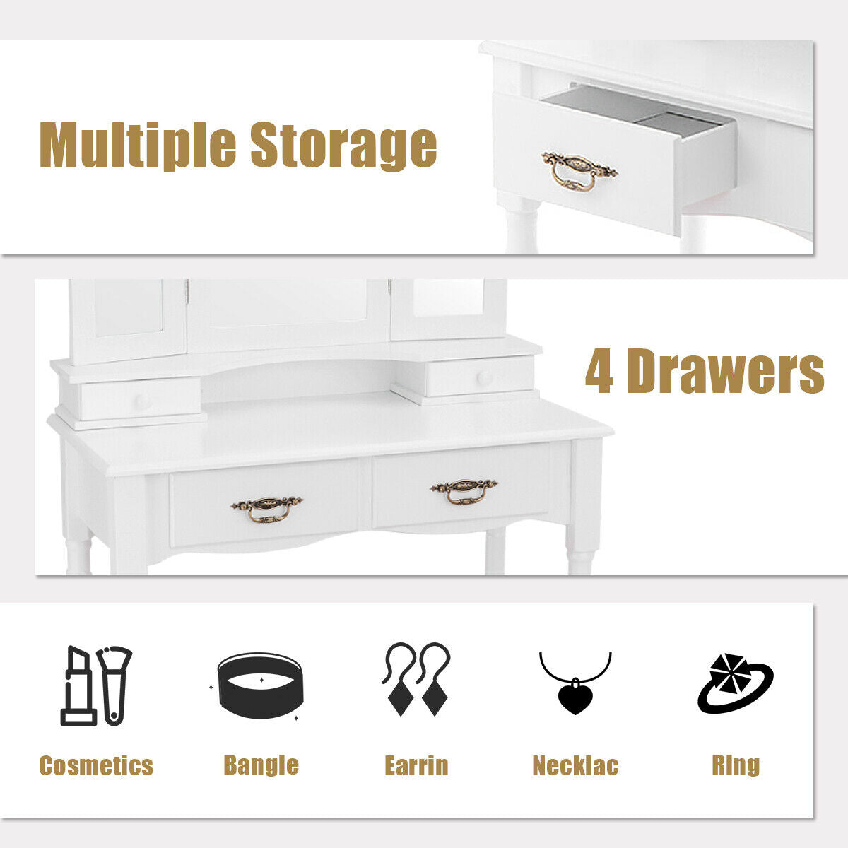 Makeup Vanity Set with Tri-Fold Mirror, 4 Drawers & Stool - White
