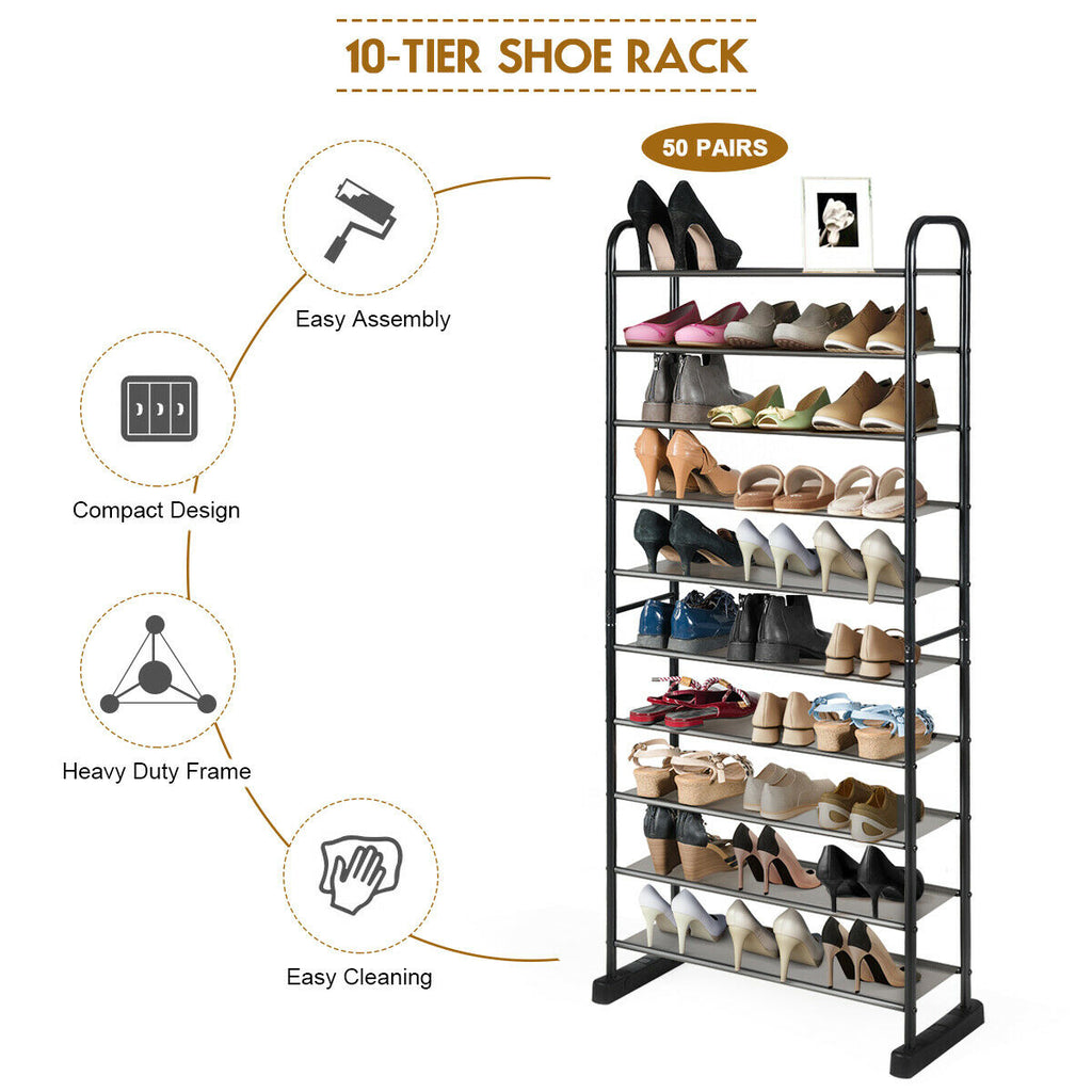 10-Tier Free-Standing Metal Frame Shoe Rack