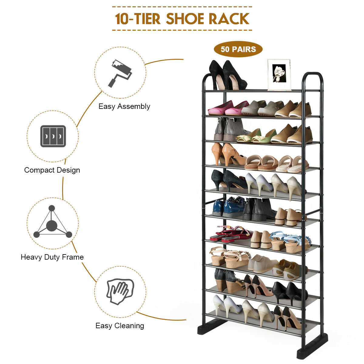 10-Tier Free-Standing Metal Frame Shoe Rack