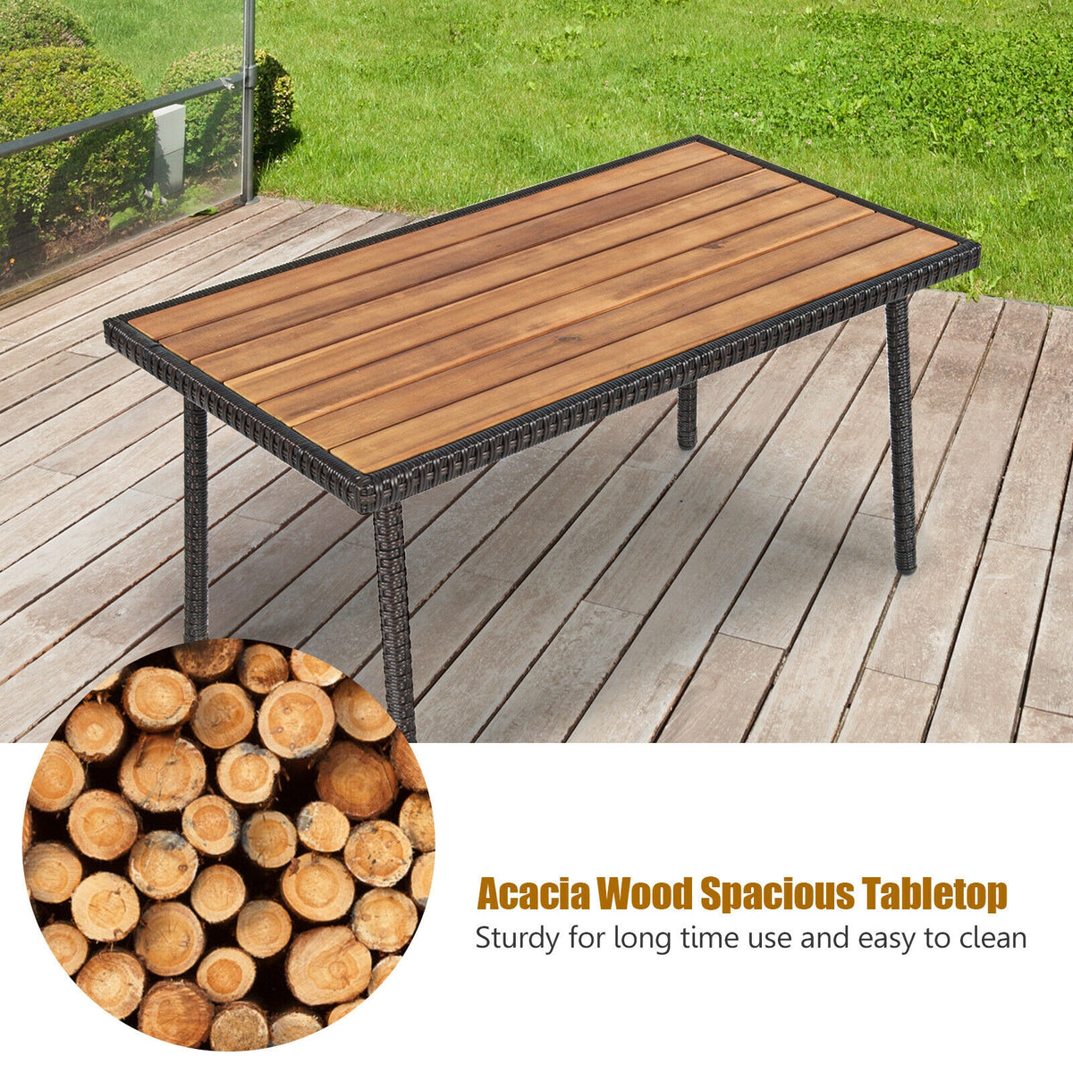 4-Piece Patio Cushioned Wicker Conversation Set with Acacia Wood Tabletop
