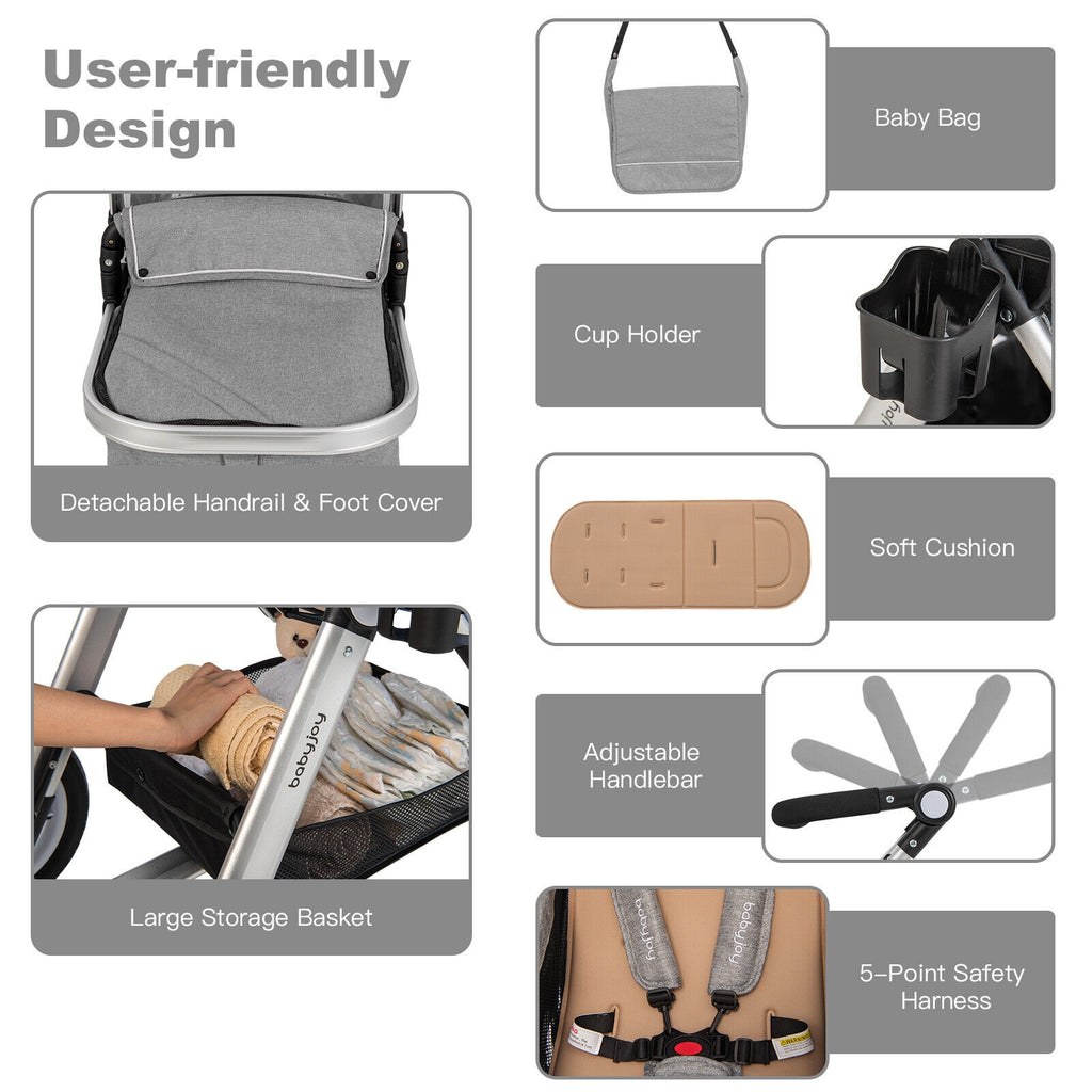 Foldable Aluminum Baby Stroller with Diaper Bag and Cup Holder - Gray
