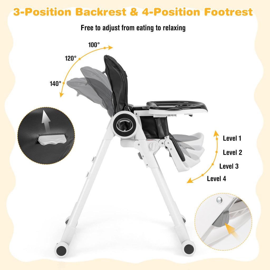 Baby High Chair Foldable Feeding Chair with Lockable Wheels - Black