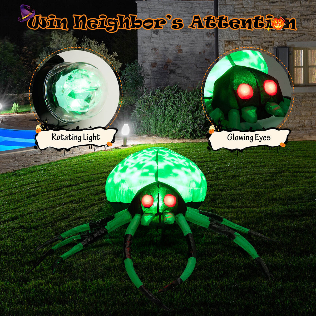 Inflatable Halloween Spider with Cobweb and LED Lights - 3.5 Feet Long Yard Decor