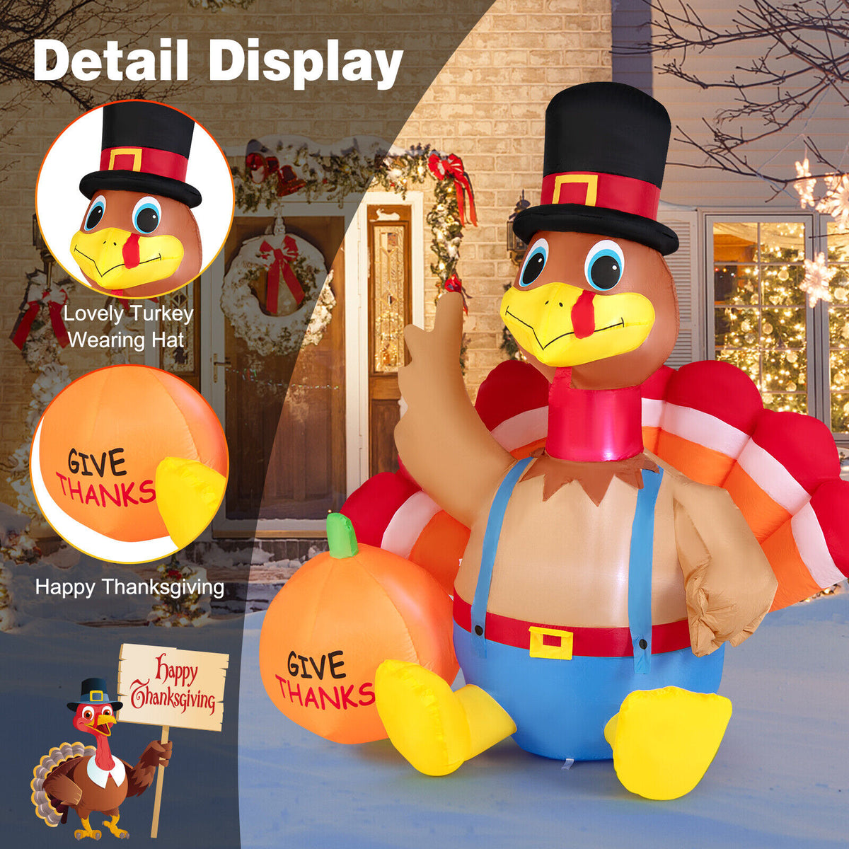 6 Feet Inflatable Thanksgiving Turkey and Pumpkin Yard Decor with Lights