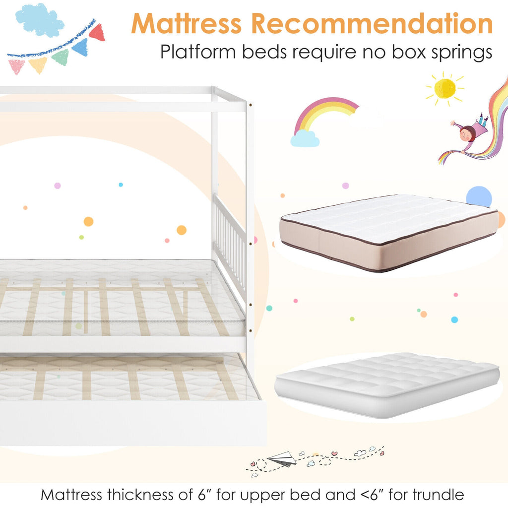 Full Size Canopy Bed Frame with Trundle & Headboard - White