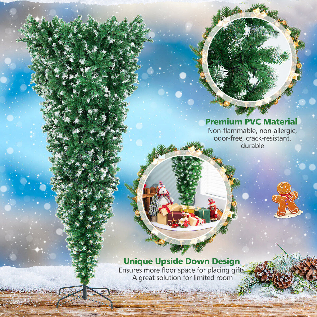 7.5 Feet Pre-Lit Upside Down Christmas Tree with 1100 Tips & 400 LED Lights - Holiday Decor
